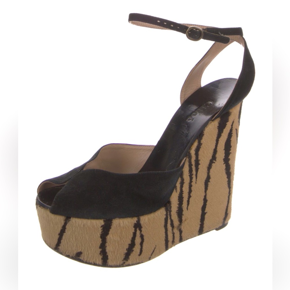 Chloe Black Suede and Tan Zebra Wedges